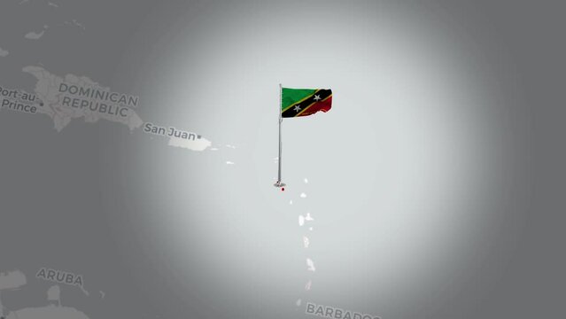 Saint Kitts and Nevis map.Aerial Views ofSaint Kitts and Nevis's Flag Above the Map.