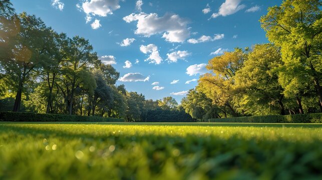 Beautiful blurred background image of spring nature with a neatly trimmed lawn surrounded by trees against