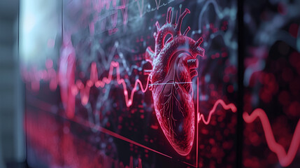 Human heart beats, cardiogram vector background, Ekg heart beat line monitor. Health care and technology concept. Digital signal wave, heartbeat, Generative AI
