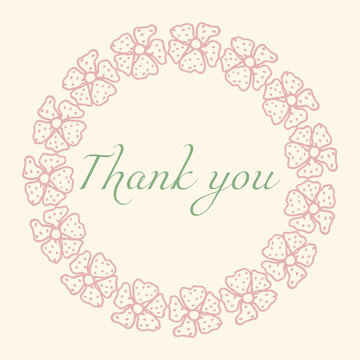 Thank You card with pink floral garland. Vector delicate sticker, hand drawn cute flowers in dots. Illustration of Thank You letter postcard.