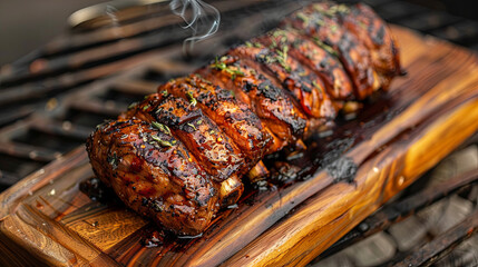 Delicious juicy piece of grilled meat on a wooden  board