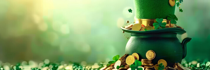  a green pot is surrounded by coins and a leprechaun hat, green hat and shamroc, St. Patrick's Day, banner - obrazy, fototapety, plakaty