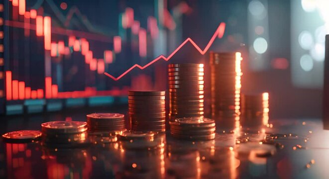 Growing pile of coins with a red arrow soaring upwards