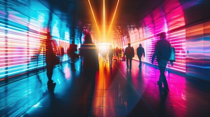 Fototapeta na wymiar Blurred Commuters Walking in a Vibrant Subway Station