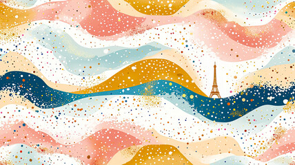 simple line art minimalist collage illustration with professional rhythmic gymnast and Eiffel Tower in the background, olympic games, wide len