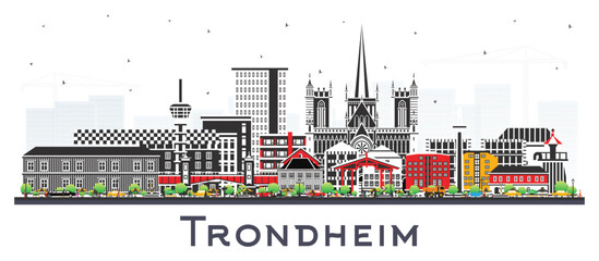 Obraz premium Trondheim Norway City Skyline with Color Buildings isolated on white. Trondheim Cityscape with Landmarks. Business Travel and Tourism Concept with Historic Architecture.