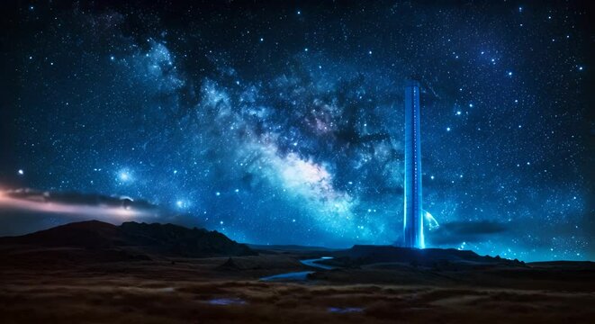 Space elevator reaching into a starlit sky