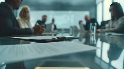 Blurred Corporate Meeting in Modern Office Environment,  multi-racial diverse group of people working with paperwork on a board room table at a business presentation
