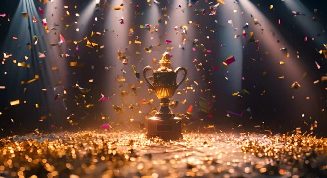 A trophy center stage, bathed in a spotlight with confetti falling gently around it
