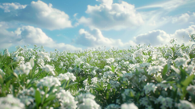hyper-realistic images of Sweet Alyssum in a meadow setting, utilizing cinematic framing to convey serenity. Highlight the natural and realistic colors of the blooms