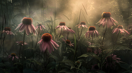 Obraz na płótnie Canvas Coneflowers with an ethereal glow, employing cinematic framing to enhance the mystical atmosphere. Showcase the natural and realistic colors of the blooms against a soft, glowing backdrop