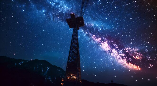 Space elevator reaching into a starlit sky