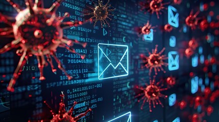 Detailed view of an email inbox with messages marked as malware and virus, illustrating the work of hackers and internet threats