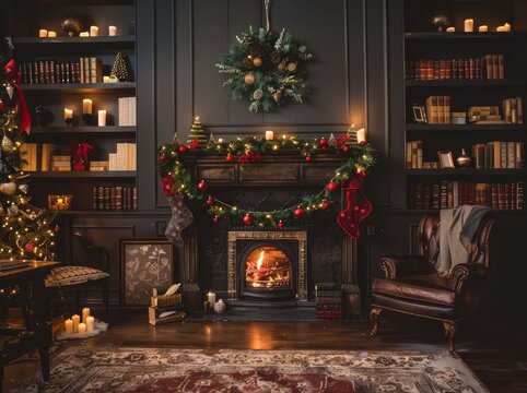 Stylish interior of living room with fireplace decorated Christmas tree. Christmas decoration. Ai generative