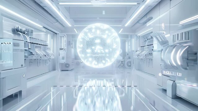 Data and energy glowing globe inside a white futuristic high tech laboratory. Artificial intelligence and advanced technology concept.