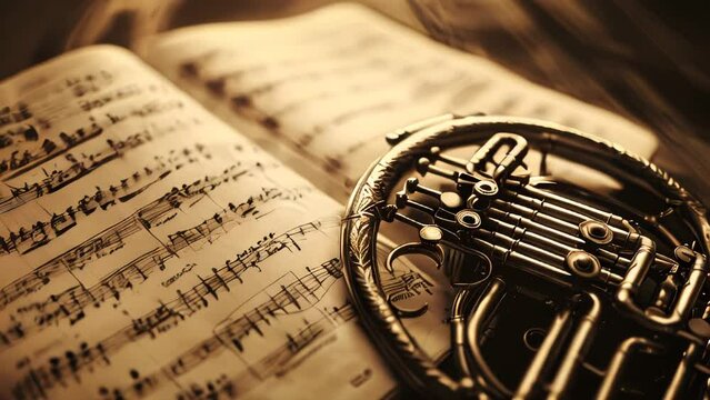 Closeup of a french horn over music sheets. Classical music concept.