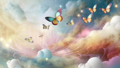 Obraz na płótnie Canvas Butterflies flutter between pastel clouds and a field of flowers.