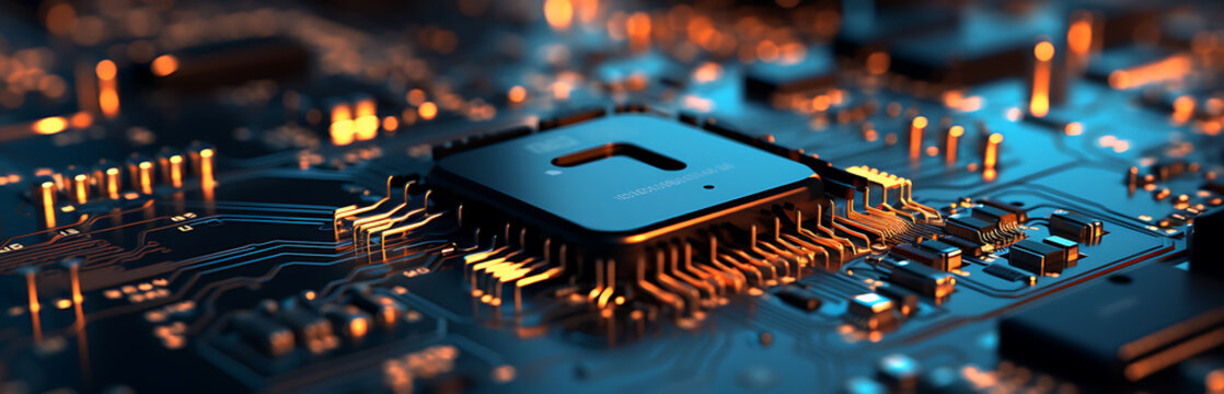 secure connection or cybersecurity service concept of compute motherboard closeup and lock with login and connecting verified credentials as wide banner design with copyspace area