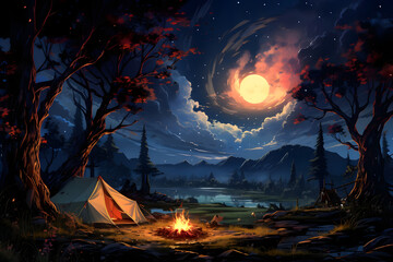 Night Camping in the Forest with a Bonfire and a Beautiful Starry Sky. Landscape Illustration