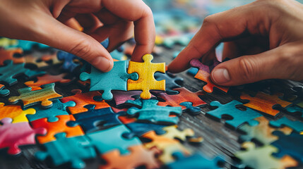 Hands and puzzle, Creative Business People Holding Colorful Puzzle Pieces, Top view, hands of an autistic child play colorful puzzle which is a symbol, Generative Ai