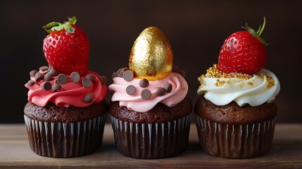 A cupcake trio--chocolate, strawberry, and lemon--each topped with a golden Easter egg