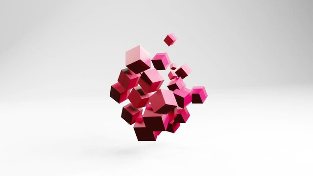 Abstract animation motion graphics with cubes in white light studio, video geometric 3d background with copyspace