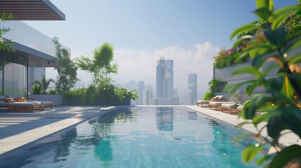 A modern rooftop pool with infinity edges, surrounded by lounge chairs, lush greenery, and panoramic views of the city skyline.