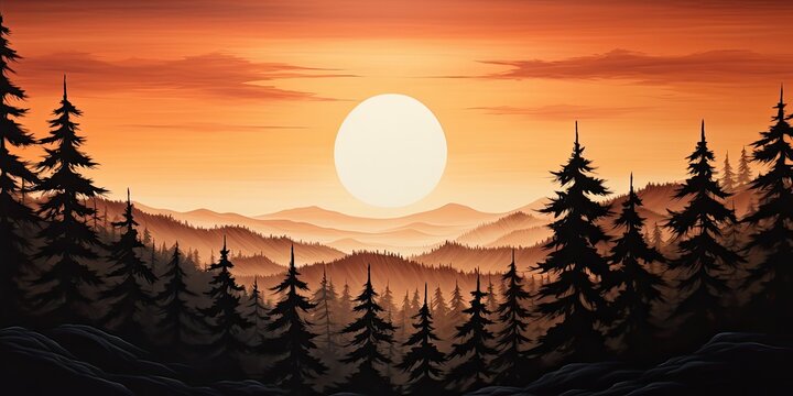 serene image captures the beauty of a sunset behind the silhouette of trees in the mountains. The sun dips below the horizon, casting a warm orange glow across the sky,