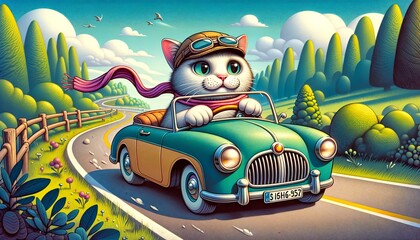 A cat is behind the wheel of a vehicle cruising along the road