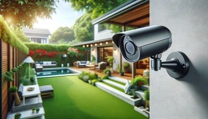 Surveillance Camera on House with Lush Backyard View