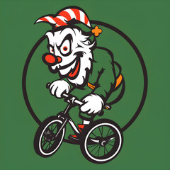 A logo illustration of a clown riding a unicycle on green background.
