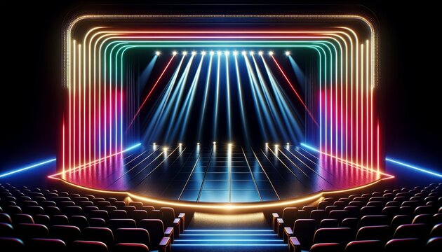 Neon Glow Enchants an Empty Theater, Setting the Stage for a Spectacular Show in the Electric Silence