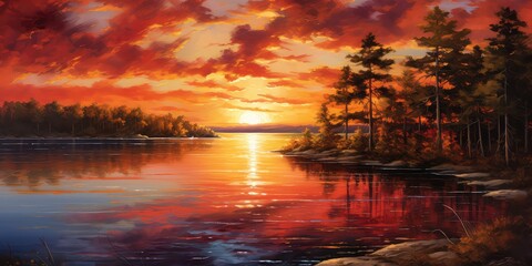 beautiful scenic view unfolds as the red sunset casts its warm glow over a tranquil lake. The sky is ablaze with fiery hues of red, orange, and gold, painting a breathtaking tableau  - obrazy, fototapety, plakaty