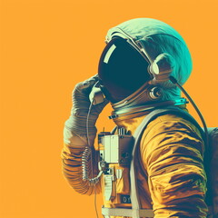 Illustration of an astonaut calling by vintage phone, call center concept