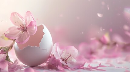 Beautiful pink spring flowers in eggshell, Easter concept