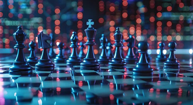 Cyber security chess: IT professionals play chess with pieces representing digital threats