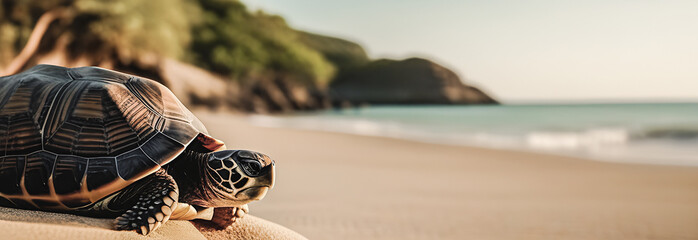 World Turtle Day. the concept of environmental protection. The turtle lies on the light sand in the sunset rays