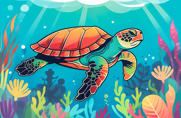 world Turtle Day, AI illustration, environmental Protection Day. the concept of environmental protection. The turtle swims in the water, the sun's rays penetrate through the water. postcard