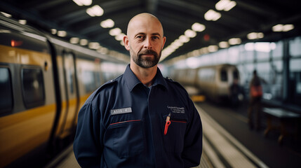 Dedicated Train Operator Standing by the Rails, Professional Railway Employee Portrait