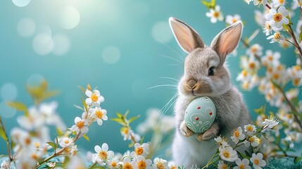 Bunny holding easter egg on pastel blue background