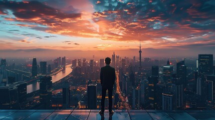 Businessman standing on a roof and looking at city - Powered by Adobe