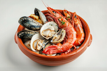 Bowl of Seafood and Mussels on White Background