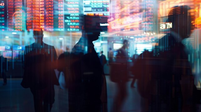 Abstract Silhouettes of People and City Life Overlaid with Stock Market Numbers, Ideal for Financial and Economic Concepts