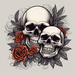 Free Skull with floral ornament and Vector illustration for tattoo or t-shirt design


