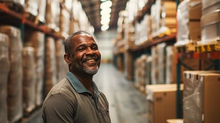 Obraz premium Happy Worker Smiling in Warehouse Aisle, Ideal for Business and Logistics Marketing Material