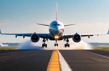 Fototapeta na wymiar Airplane takes off on the runway, front view