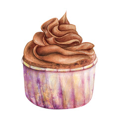 Cupcake muffin cream watercolor drawing chocolate in nice paper. Cake bakery tasty dessert illustration. Birthday celebration pastry aquarelle picture isolated on white background