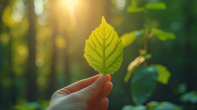 hand holding plant on blur green nature background. concept eco earth day, environment Earth Day In the hands of seedlings. Bokeh green Background, nature field grass Forest  Generative Ai