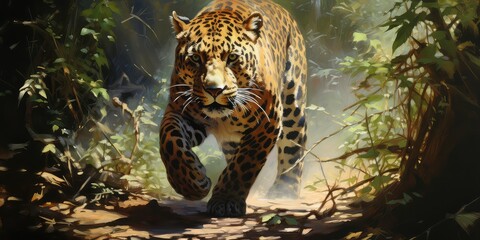 In the wild, a majestic leopard moves stealthily through its natural habitat. Its sleek fur blends seamlessly with the dappled sunlight filtering through the trees as it prowls with grace and agility. - obrazy, fototapety, plakaty