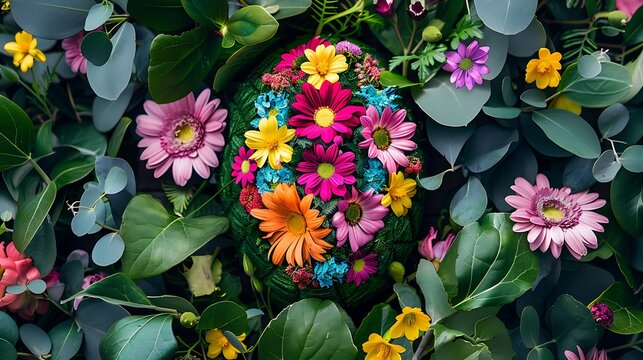 Easter egg shape made of colorful spring flowers and green leaves, Flat lay pattern